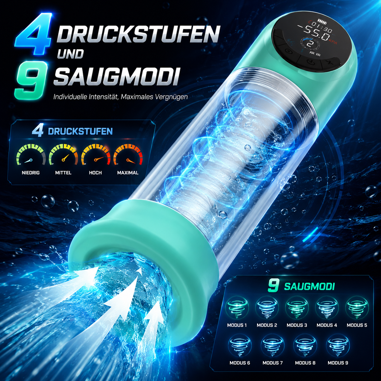 LCD-Display Elektrische Penispumpe Masturbatoren mit 4 Druckstufen und 9 Saugmodi