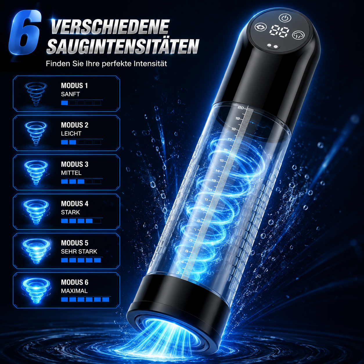 Elektrische penisvacuümpomp met LCD-display en 6 verschillende zuigintensiteiten
