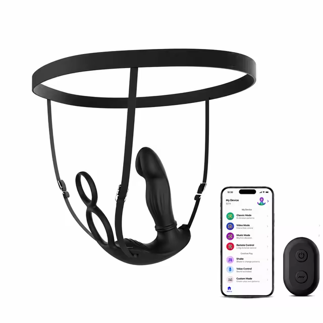Tragbarer Prostata-Massager mit Stoßbewegungen & Gurten sowie App & Fernbedienungs-Doppelsteuerung