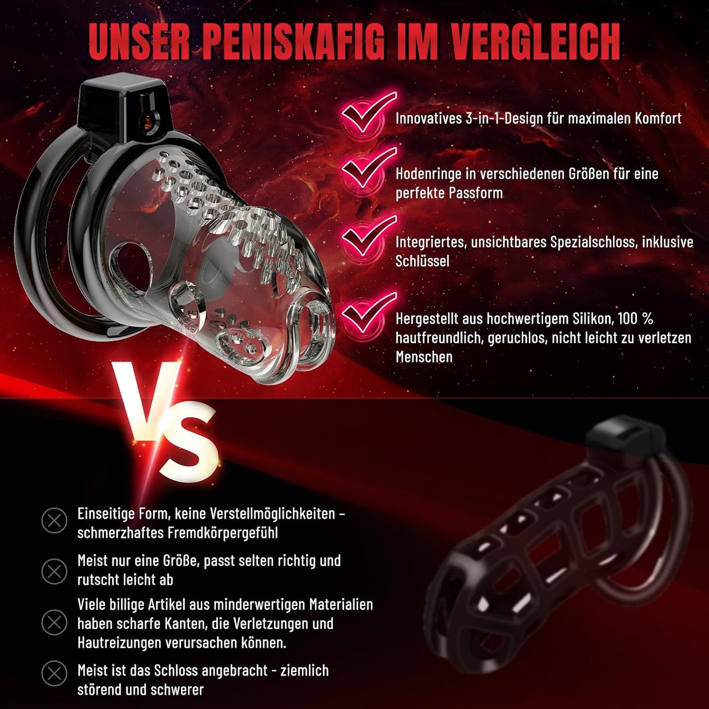 Chastity Cage Peniskafig Keuschheitskafig Harnröhrendilatator mit 6 Penisringen
