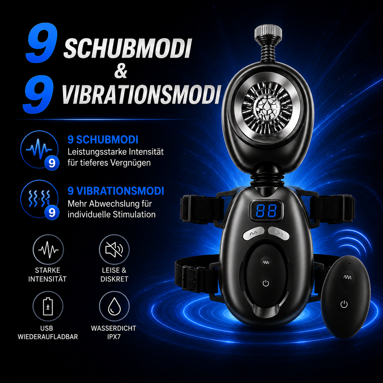 Handfrei Gürtelstil Schub-Strap-on Elektrischer Masturbator mit 9 Ruck & 9 Vibrationsmodi