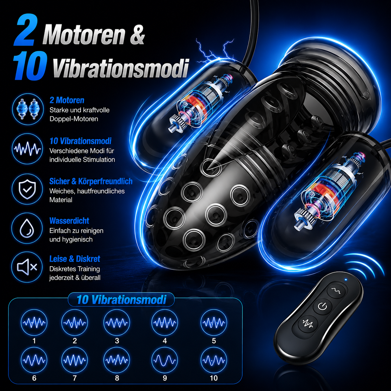 Eichelvibrator Penistrainer Verzögerungsmassagegerät mit 2 Motoren & 10 Vibrationsmodi