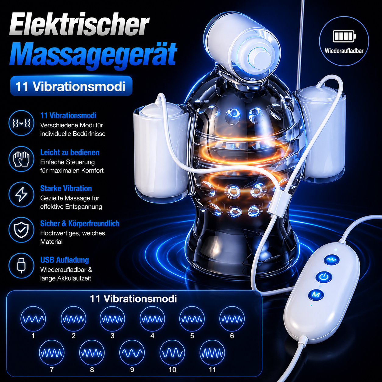 Elektrischer Penistrainer Massagegerät Eichelvibrator Masturbator mit 11 Vibrationsmodi