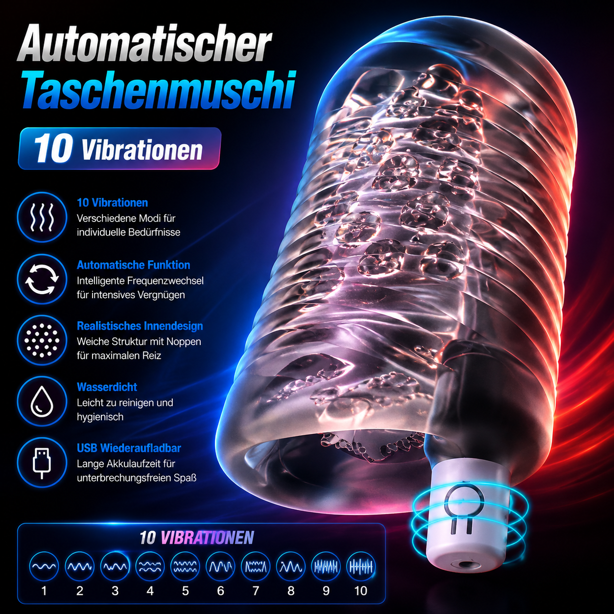 Automatischer Penistrainer Blowjob Masturbator Taschenmuschi mit 10 Vibrationen