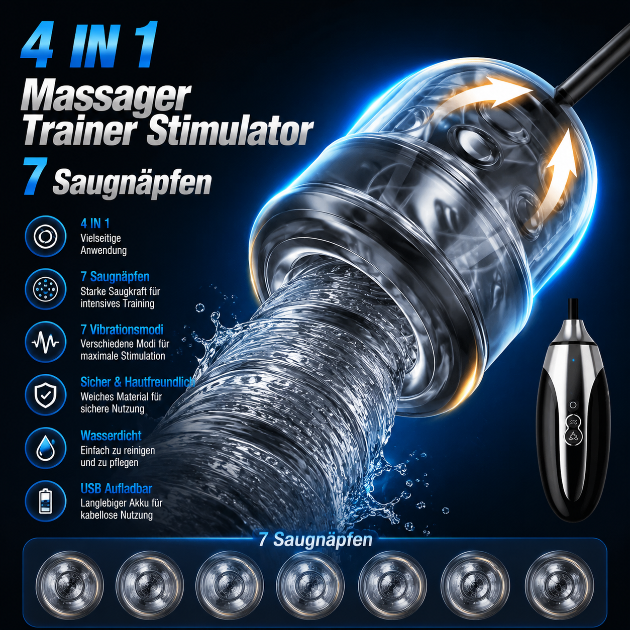 4 IN 1 Penistrainer Massager Eichel Trainer Stimulator Masturbator mit 7 Saugnäpfen