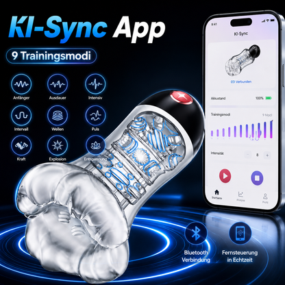 KI-Sync App Transparenter Penis Trainer Vibrator mit 9 Trainingsmodi