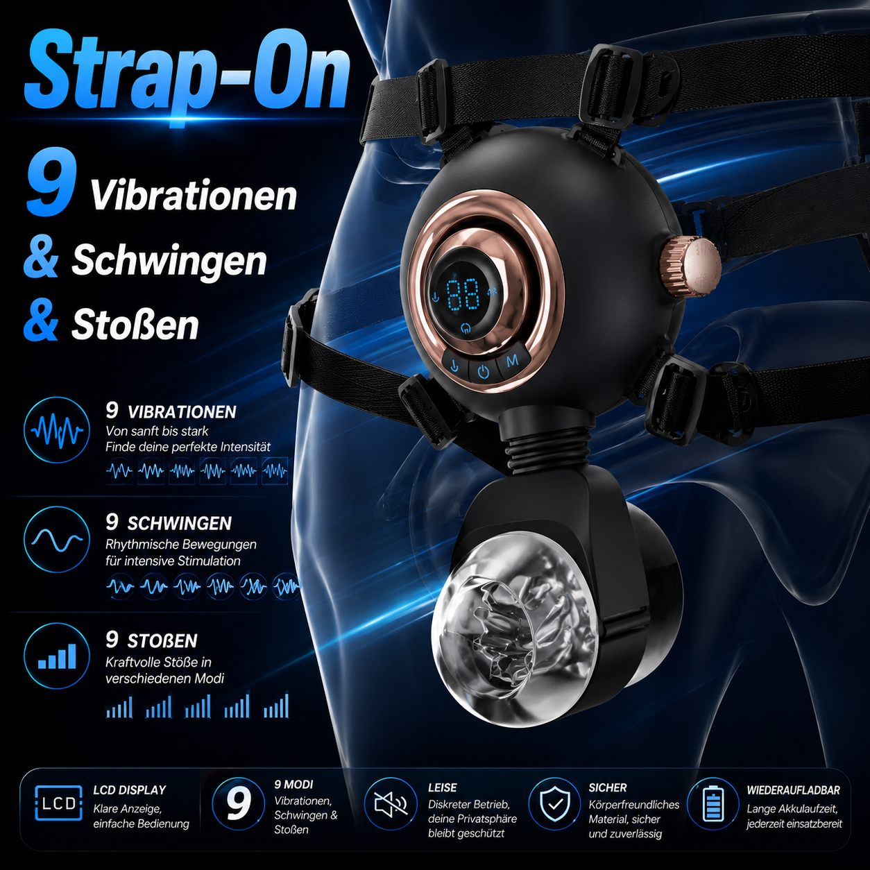 Strap-On Masturbator Sexmachine Stroker mit 9 Vibrationen & Schwingen & Stoßen