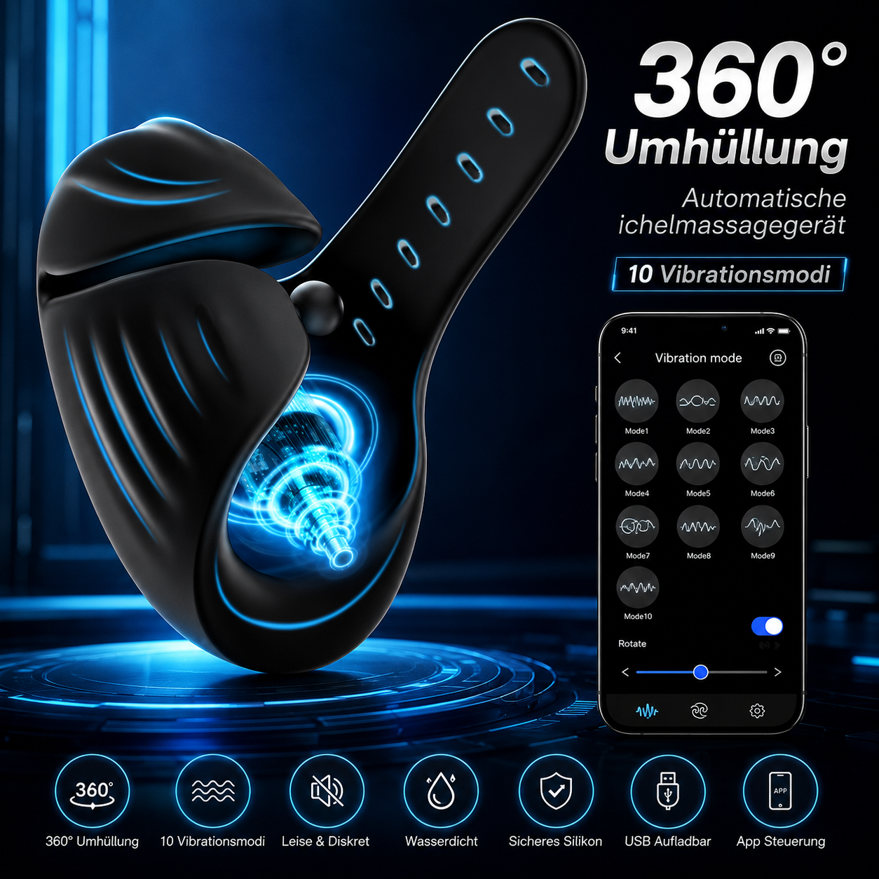 360° Umhüllung Automatische Penistrainer Eichelmassagegerät mit 10 Vibrationsmodi