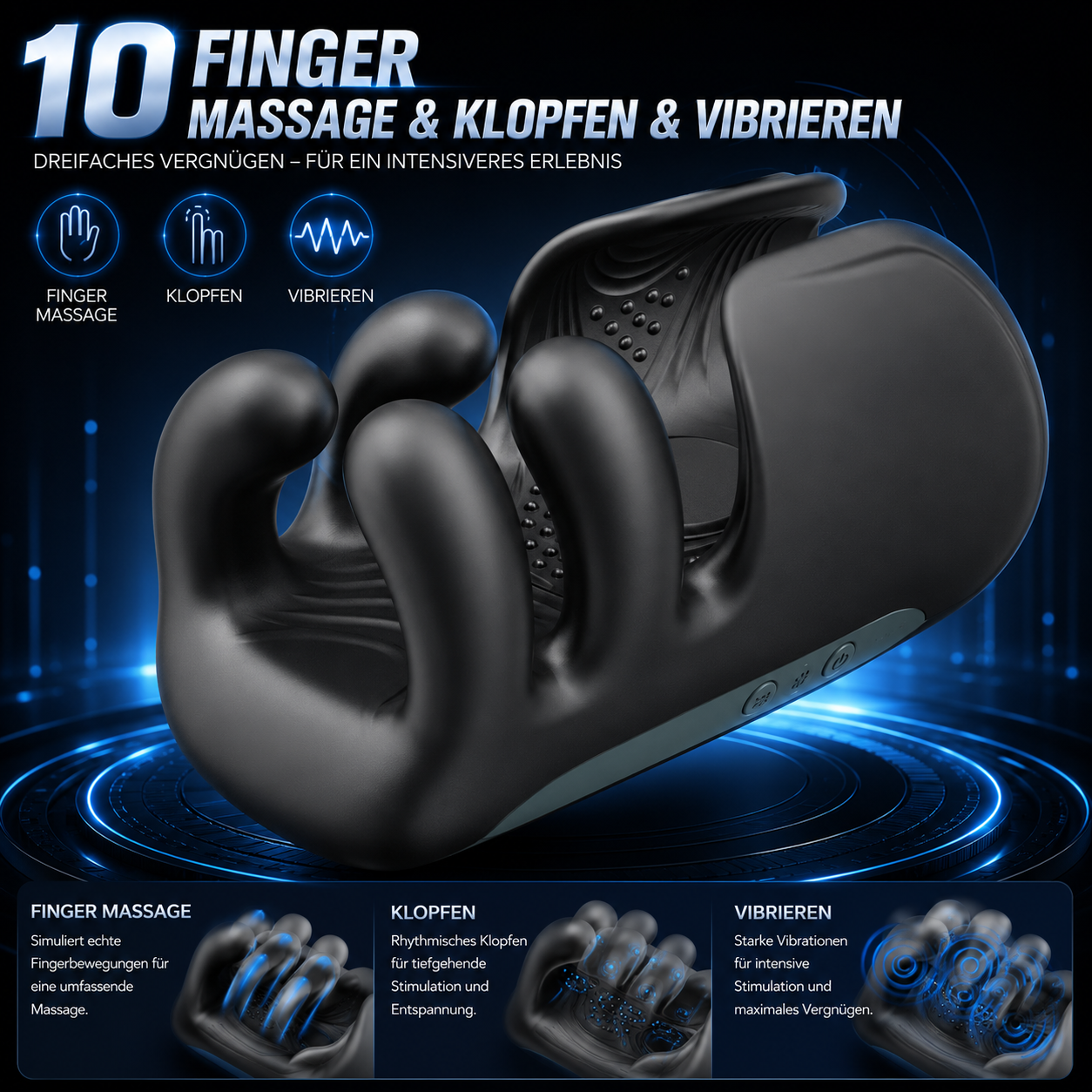 Elektrische Penistrainer Eichelvibrator mit 10 Finger Massage & Klopfen & Vibrieren