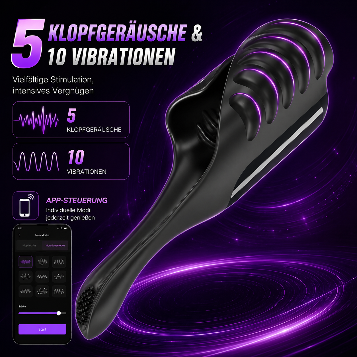 Elektrischer Penist Vibrator Glans Trainer Stimulator mit 5 Klopfgeräusche & 10 Vibrationen