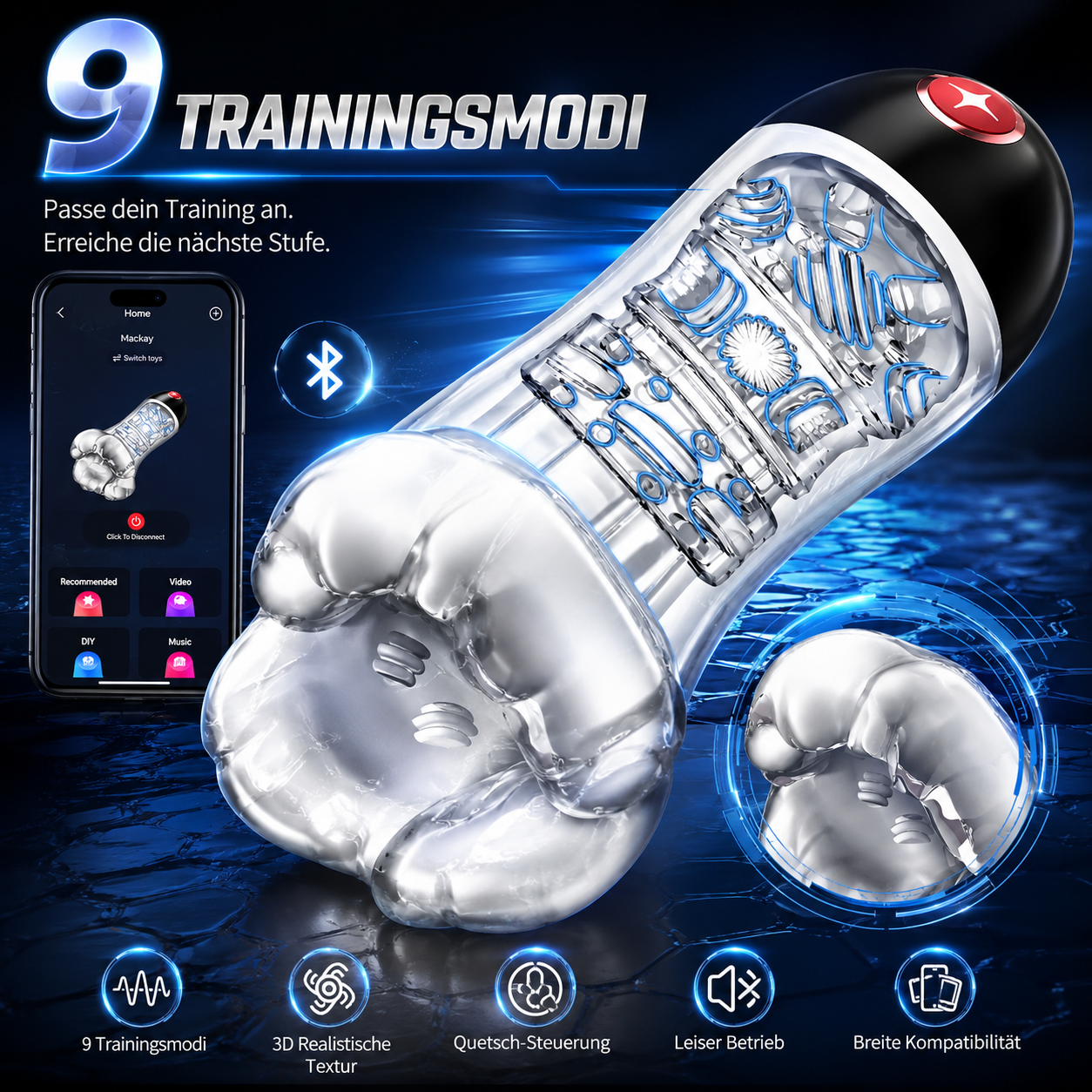 KI-Sync App Transparenter Penis Trainer Vibrator mit 9 Trainingsmodi