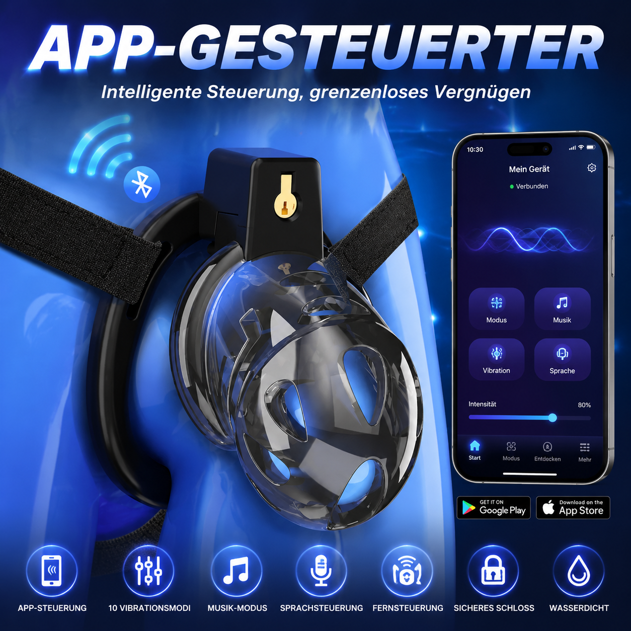 App-gesteuerter Keuschheitskäfig Schwarzem Riemen Penistrainer mit Ringe in 6 Größen