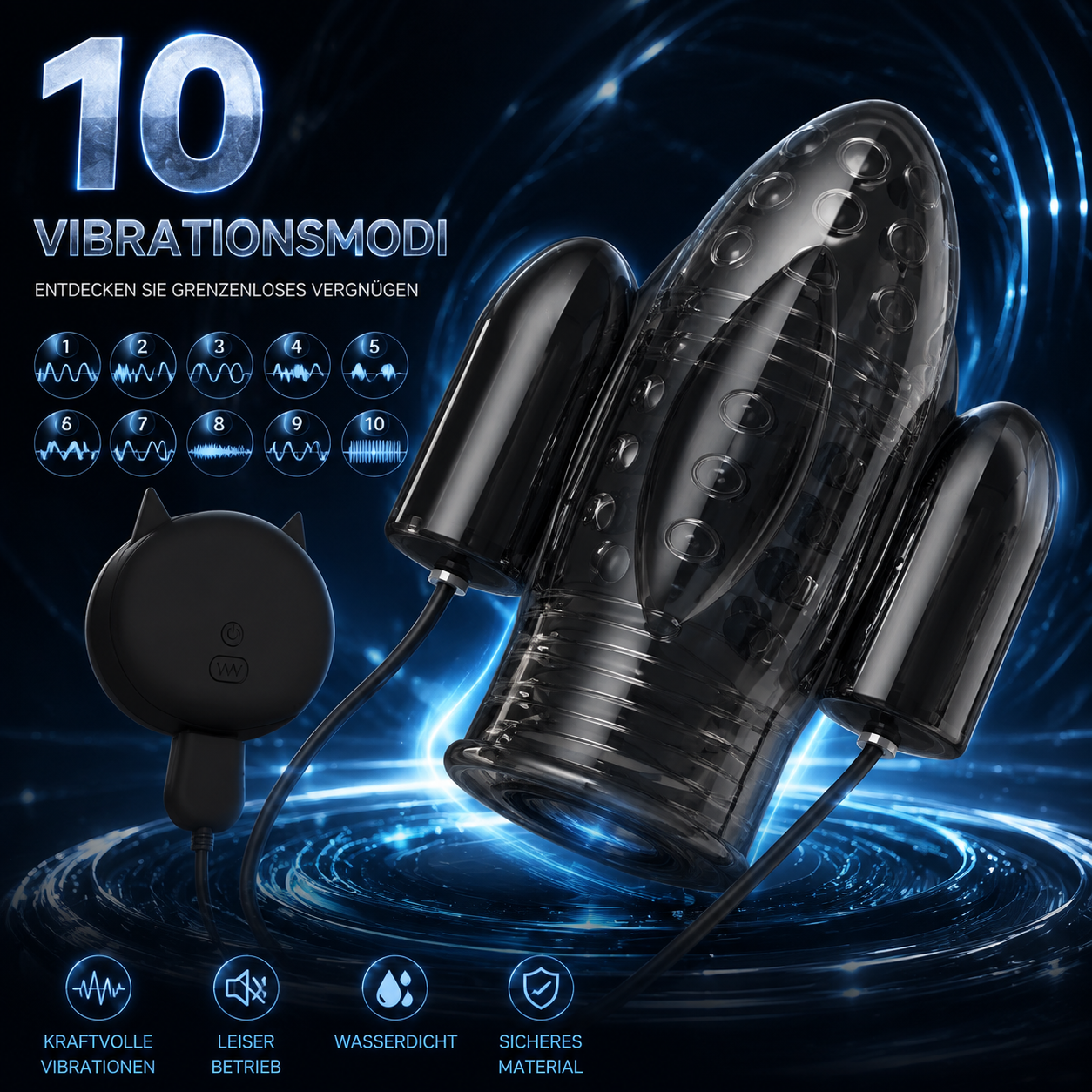 Eichelvibrator Penistrainer Verzögerungsmassagegerät mit 2 Motoren & 10 Vibrationsmodi