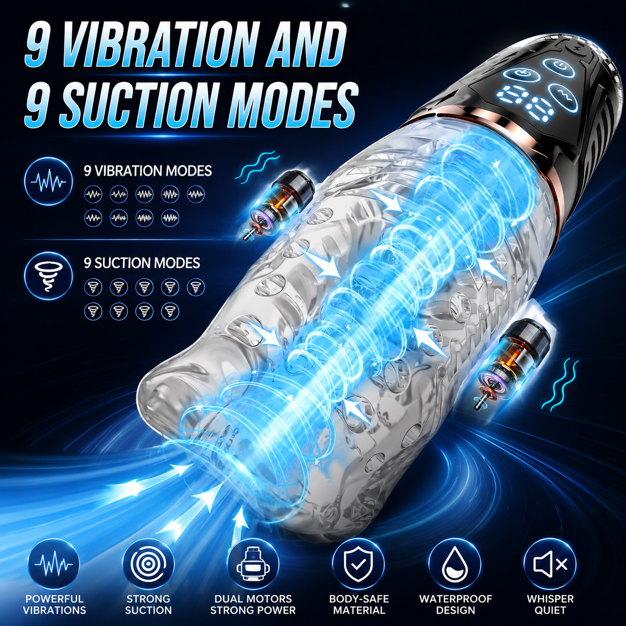 Hochfrequenz Elektrischer Masturbator Penis Trainer mit 9 Vibration und 9 Saugmodi