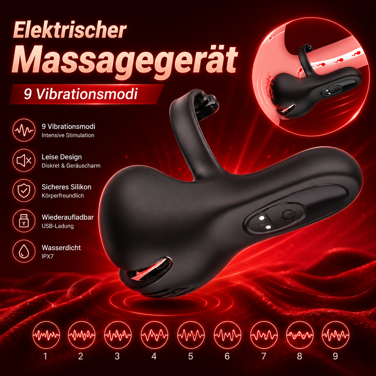 Einstellbarer Penetrations Penisvibrator Massagegerät Stimulator mit 9 Vibrationsmodi
