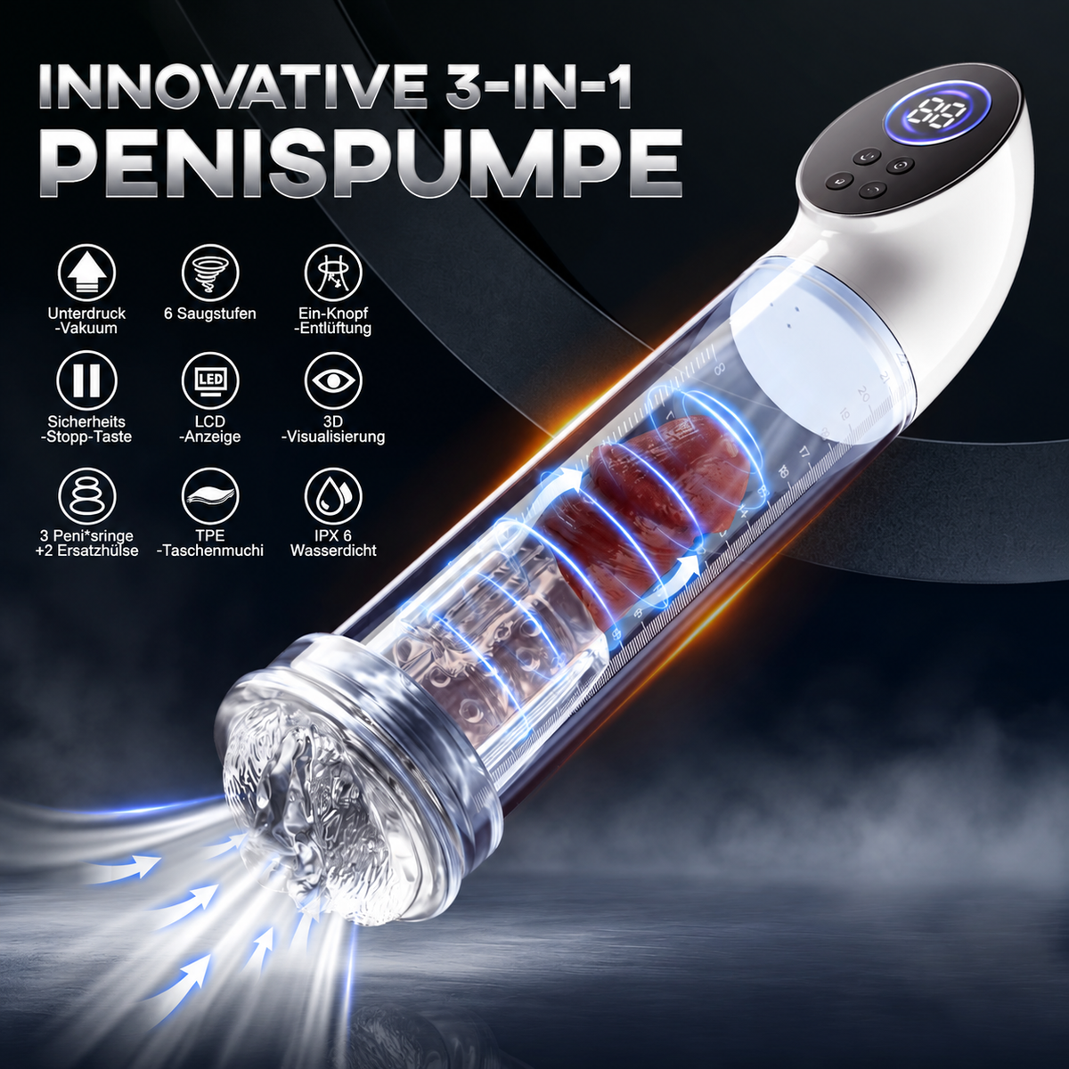 LCD-Display Elektrische Penis Pumpe Vakuumpumpe Masturbator mit 6 Stufen Saugkraft
