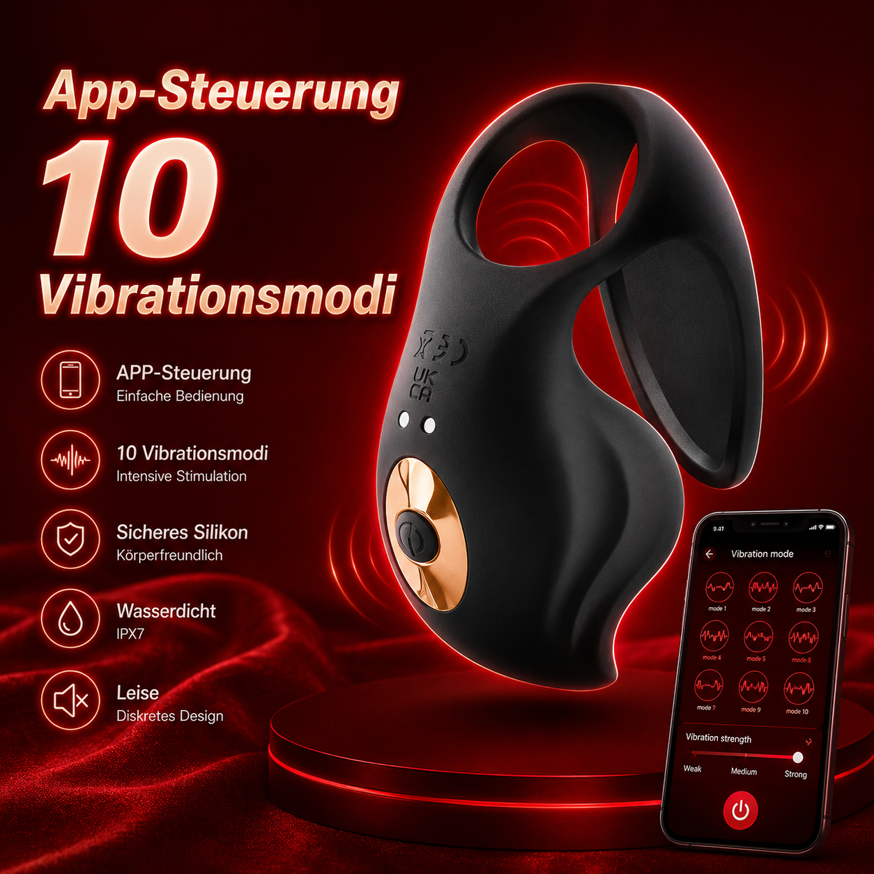 App-Steuerung Penisring Ejakulation Hodenmassage Eichel Trainer mit 10 Vibrationsmodi