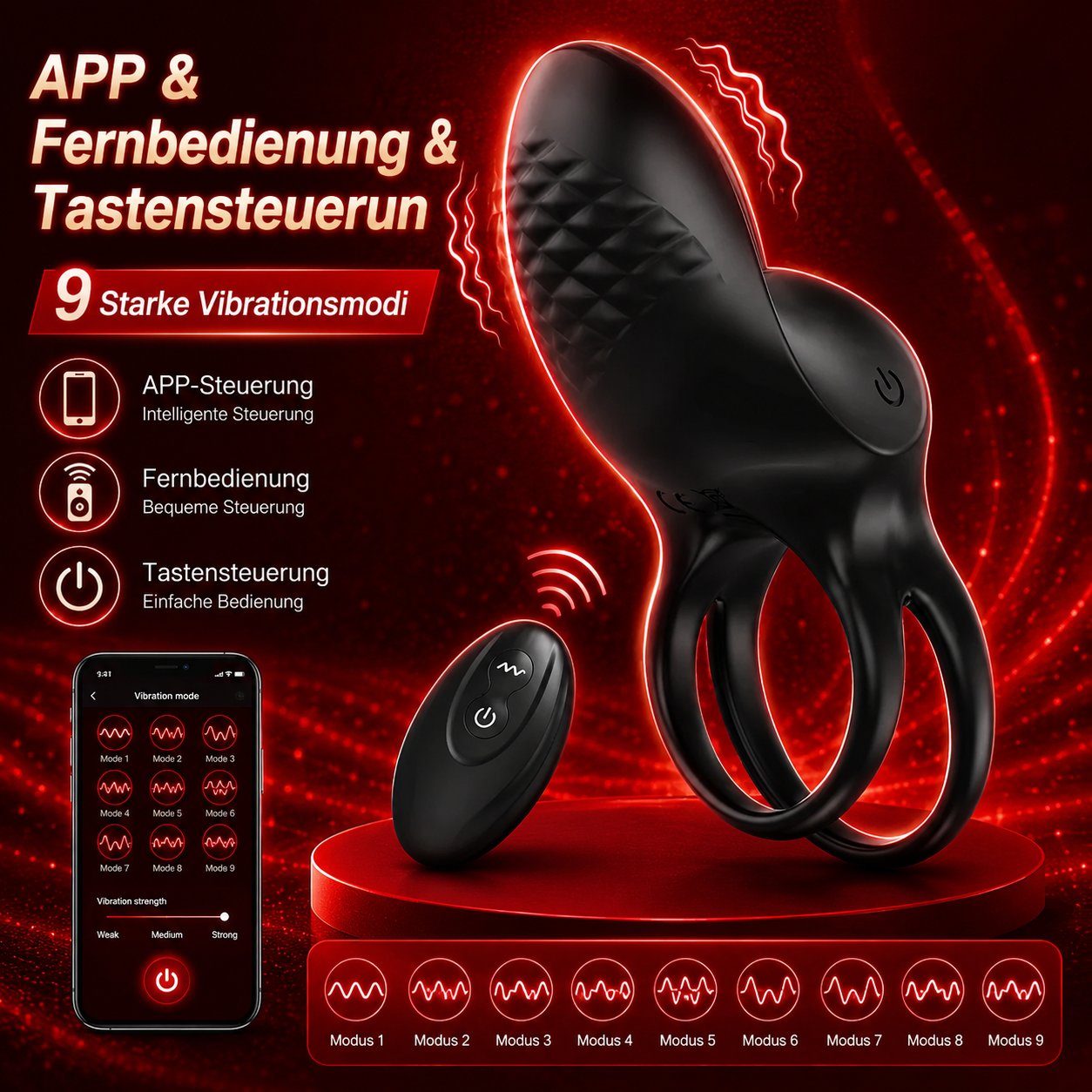 APP & Fernbedienung & Tastensteuerun Penisring Penis Vibrator mit 9 Starke Vibrationsmodi