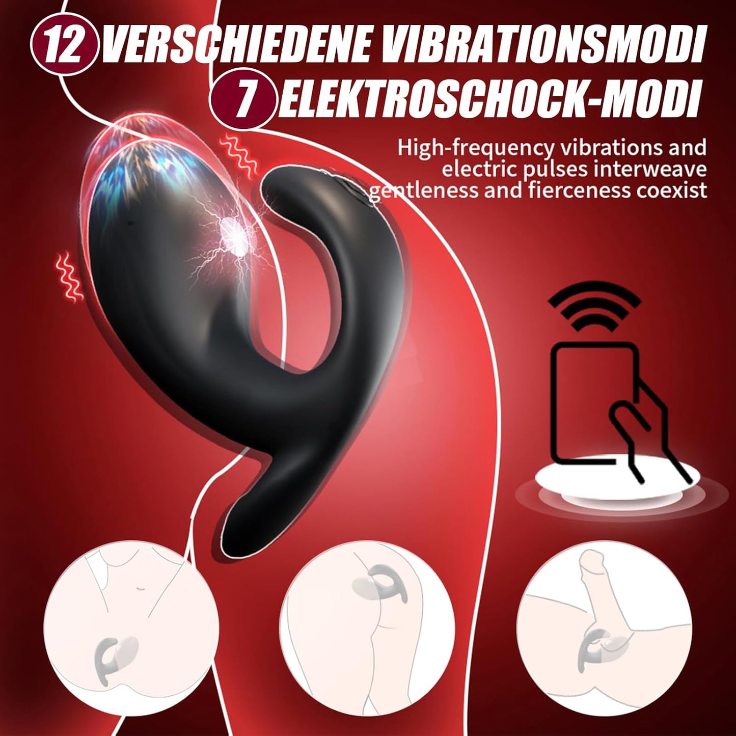 Leistungsstarker Tragbarer Anal Butt Plug Vibrator mit 12 Vibrationen & 7 Elektroschock