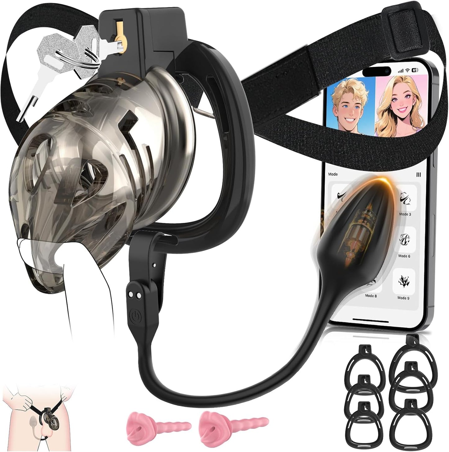 App-gesteuerter Keuschheitskäfig Schwarzem Riemen Penistrainer mit Ringe in 6 Größen