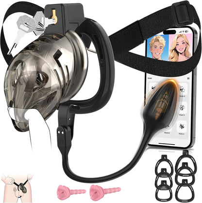 App-gesteuerter Keuschheitskäfig Schwarzem Riemen Penistrainer mit Ringe in 6 Größen