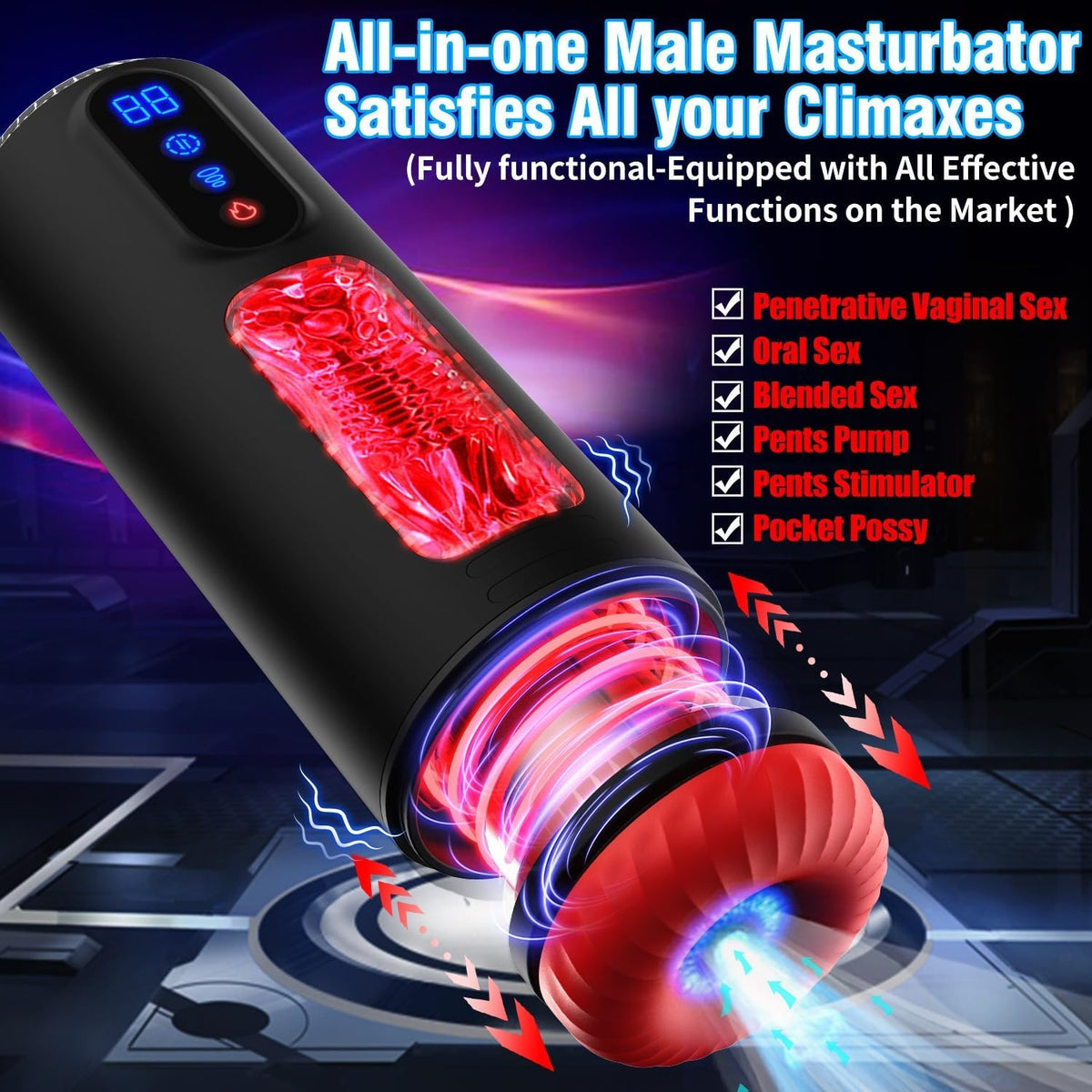 4 in 1 LCD Display Masturbratoren mit 9 Saugmodus & Teleskopfunktion & Vibrationsmodi