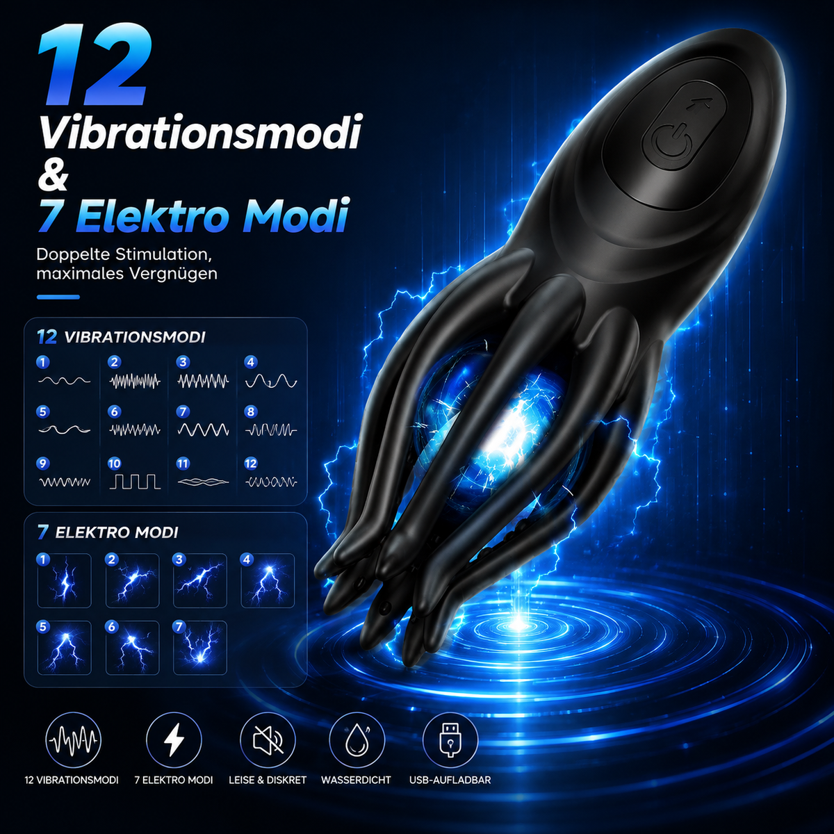 E-stim Penistrainer Vibrator Eichelmassagegerät mit 12 Vibrationsmodi & 7 Elektro Modi