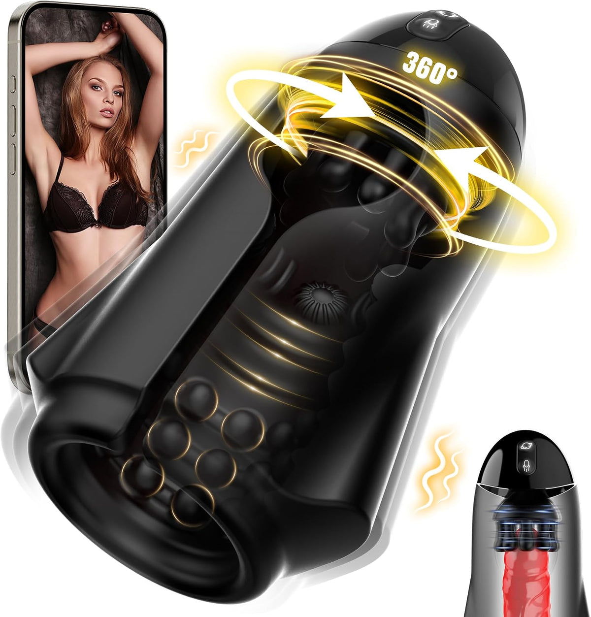 App-gesteuerter Penis Trainer Blowjob Eichelstimulator mit 9 Rotations und Vibrationsmodi