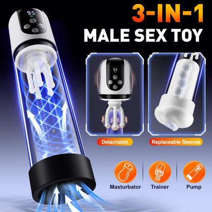 3 IN 1 Penisvergrößerer Penispumpe Masturbator Eicheltrainer mit 5 Saug & 9 Vibrationsmodi