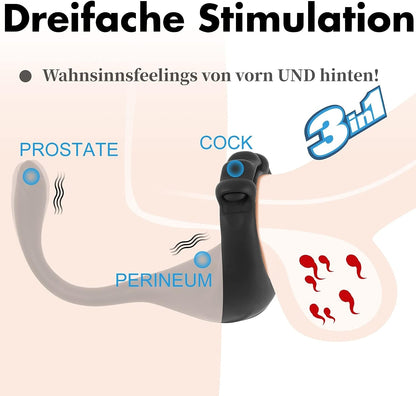 10 Frequenzen Analplug und Perineum Stimulator 3 in 1 Verstellbare Cockring