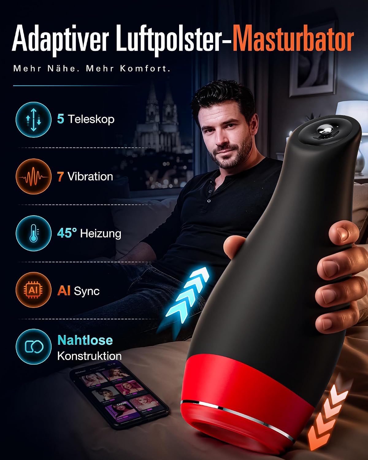 Elektrische Masturbator Penis Trainer Stroker Blowjob mit 5 Stoßmodi & 7 Vibrationen & Heizfunktion