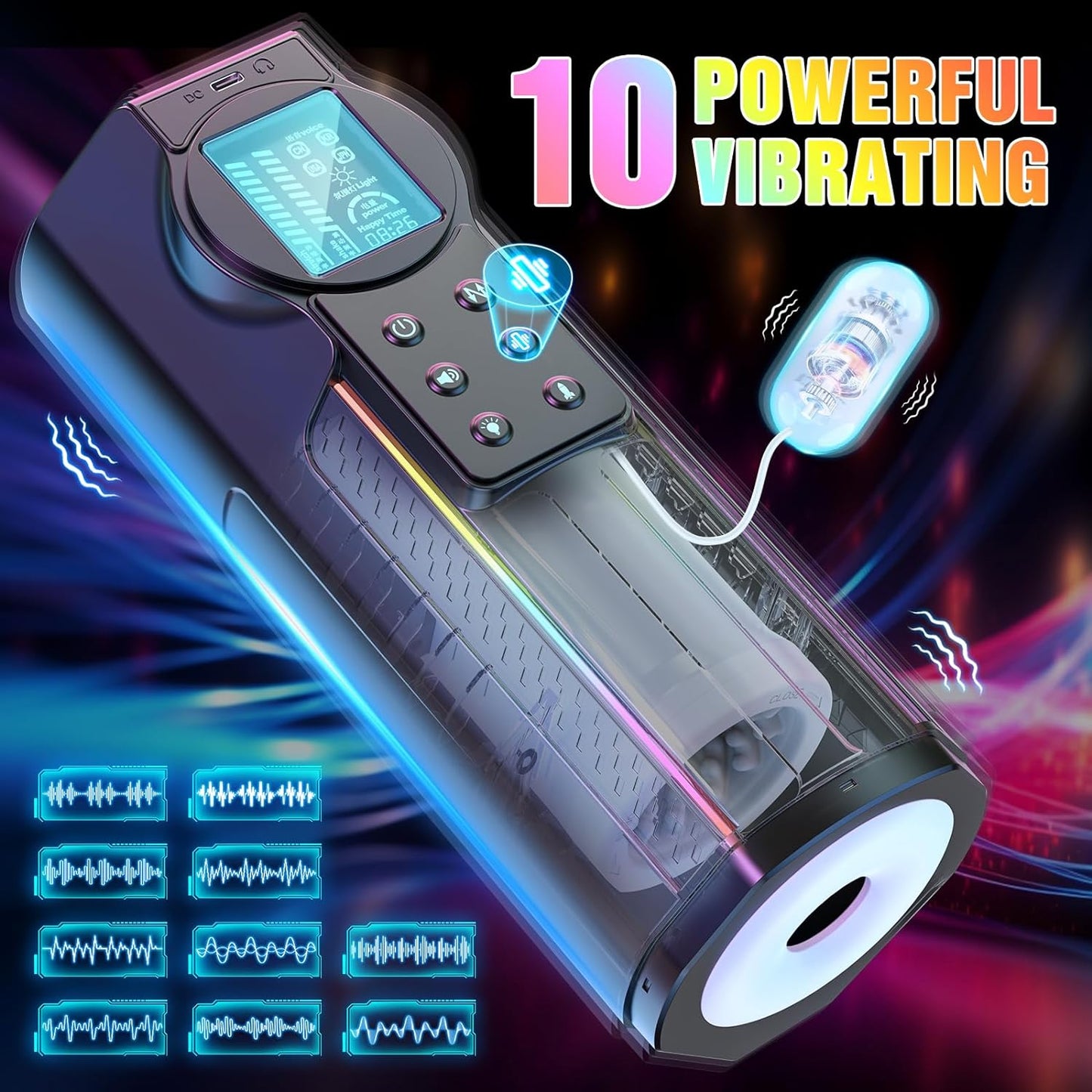 LCD-display 6-in-1 automatische masturbator met 10 stuwkracht- en 10 vibratiemodi 