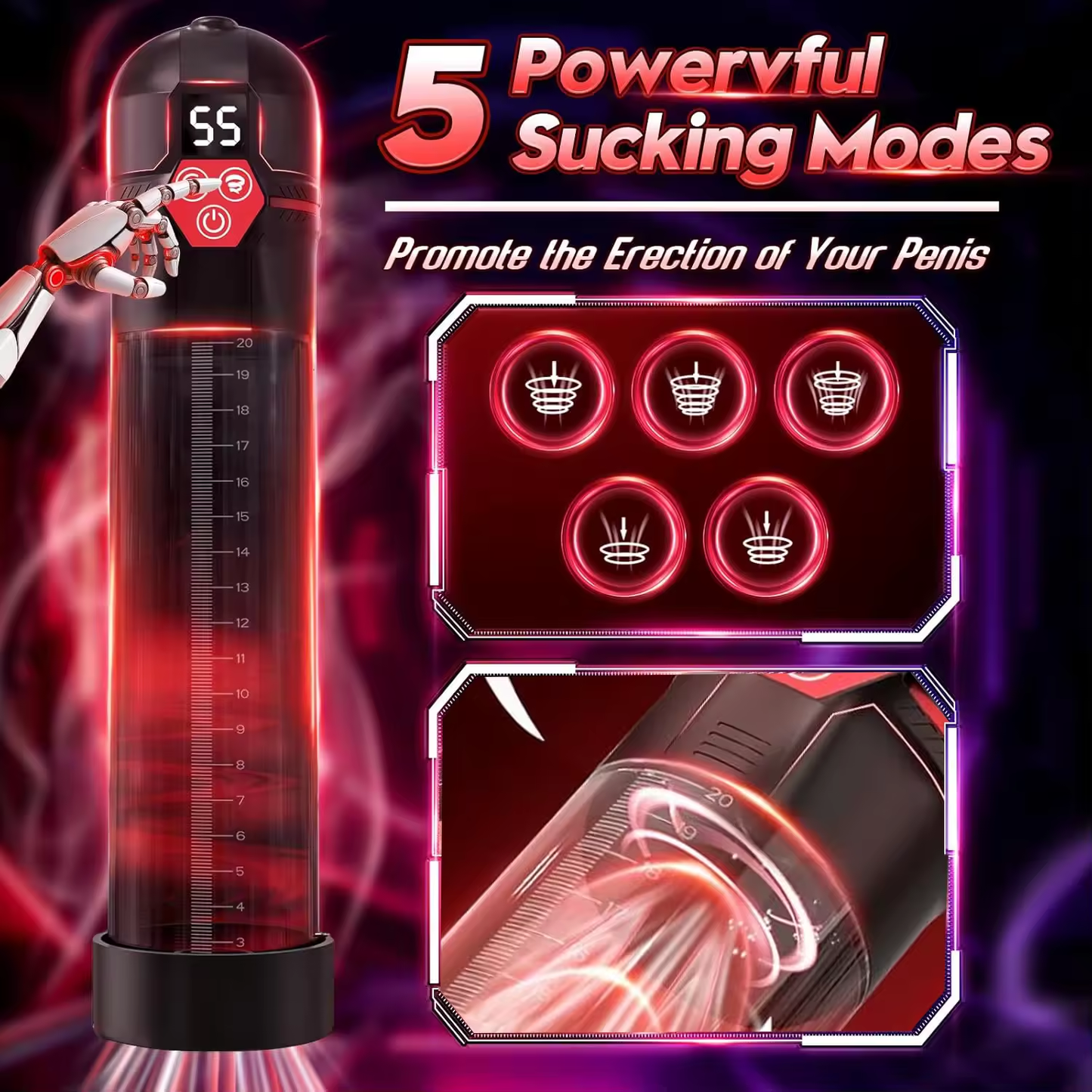 LCD-Display Penispumpe Penisverlängerer Masturbator mit 4 Druckstufen und 9 Saugfunktionen