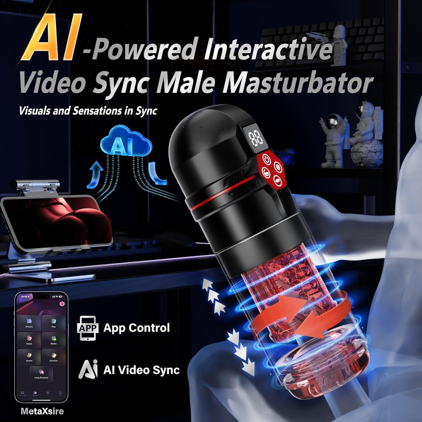 AI-Sync Masturbator Penis Pump mit 12-S Saugpumpe & 7 Schlag & Dreh & Vibrations& Saug & Lickfunktionen