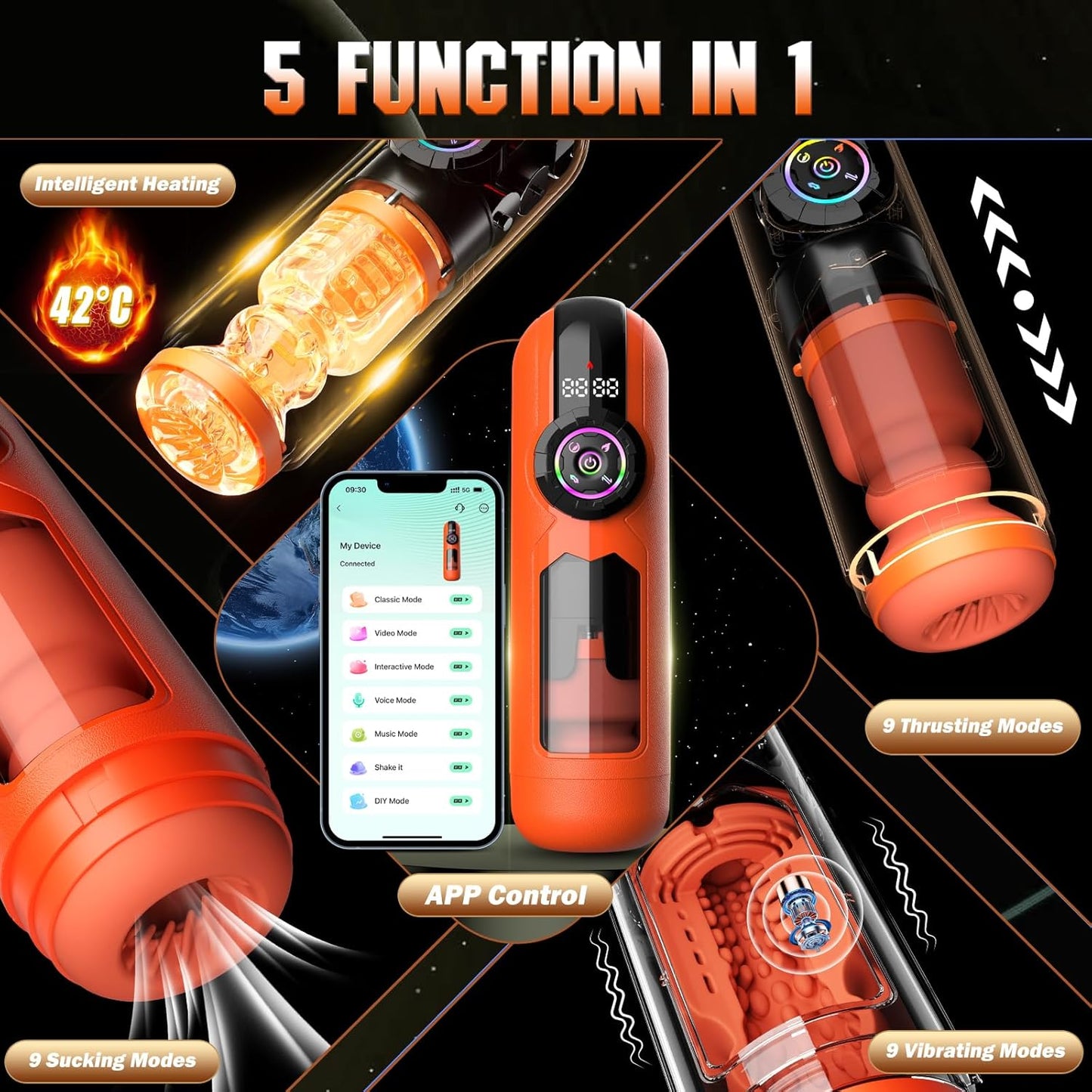 5 IN 1 App-gesteuerte Masturbationsmaschine mit 9 Vibrations & Leck & Stoß & Saugmodi