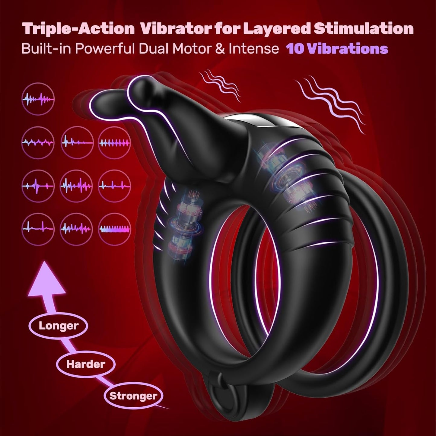 Doppelter Cockring Penistrainer Vibrator mit 10 Kraftvollen Vibrationsmodi