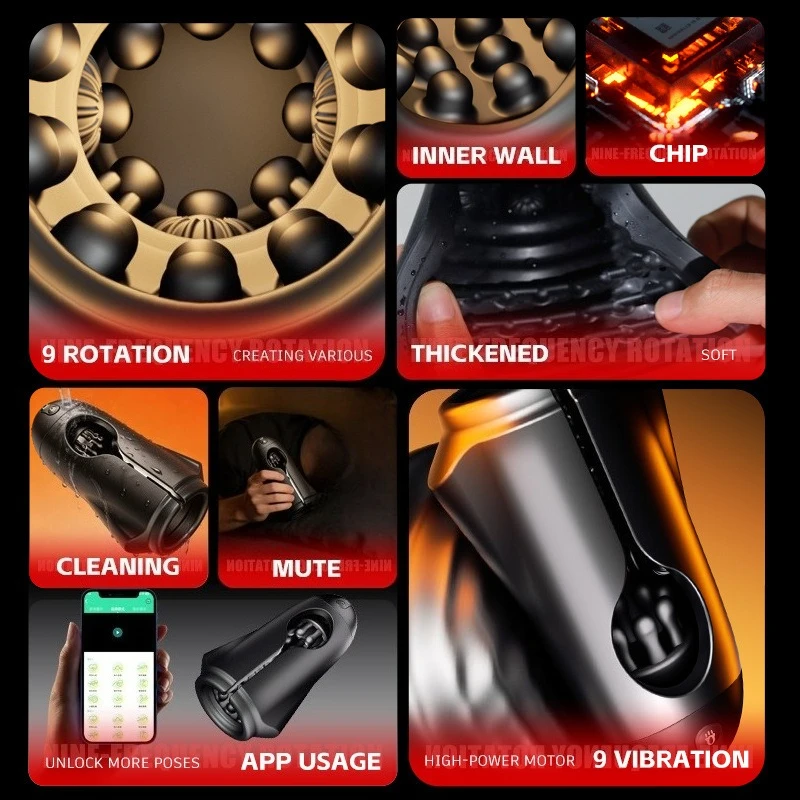 App-gesteuerter Penis Trainer Blowjob Eichelstimulator mit 9 Rotations und Vibrationsmodi