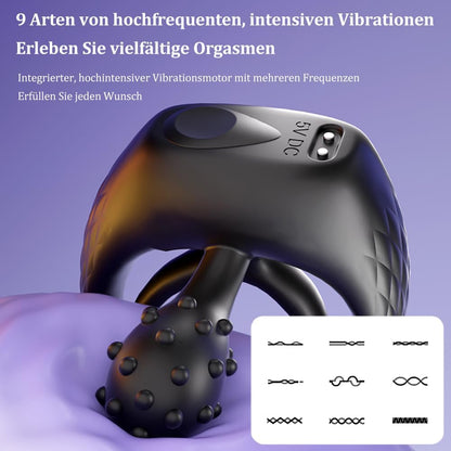 360° Verstellbarem Doppelter Cock Ring Penistrainer Vibrator mit 9 Vibrations