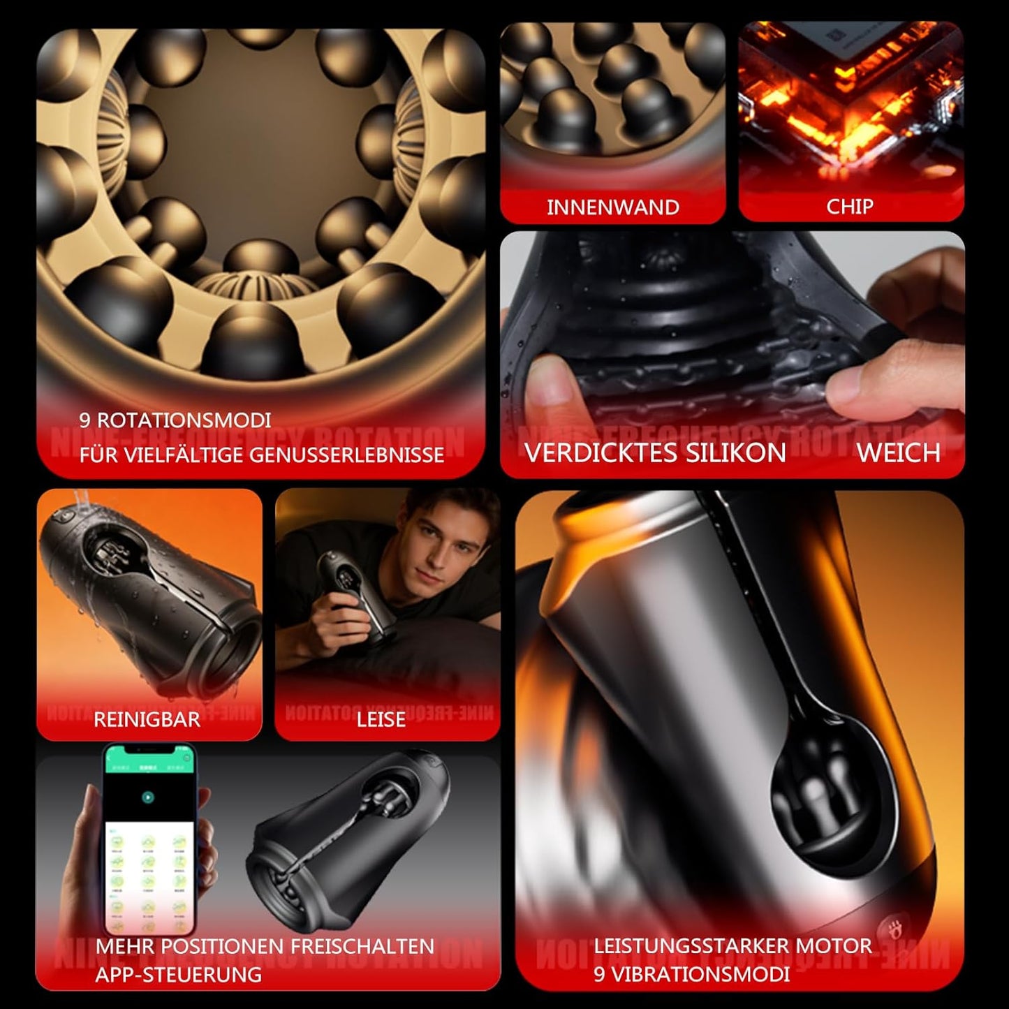 App-gesteuerter Penis Trainer Blowjob Eichelstimulator mit 9 Rotations und Vibrationsmodi
