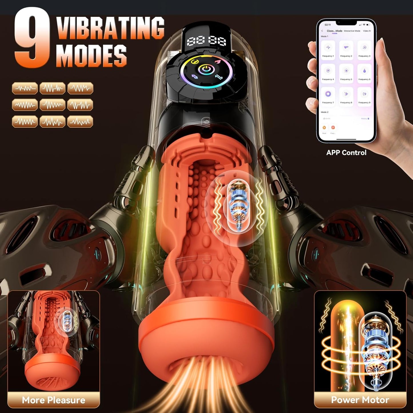 5 IN 1 App-gesteuerte Masturbationsmaschine mit 9 Vibrations & Leck & Stoß & Saugmodi