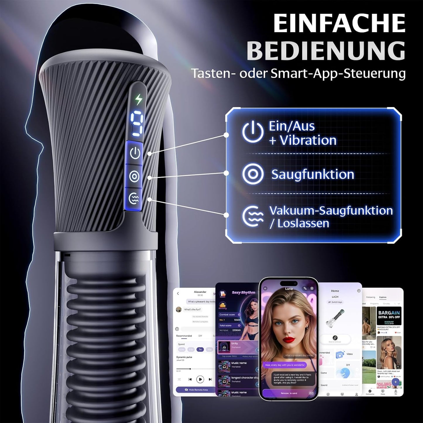 3 in 1 Elektrische Penispumpe Masturbatoren mit 9 Vibrationsintensitäten & 5 Saugmodi