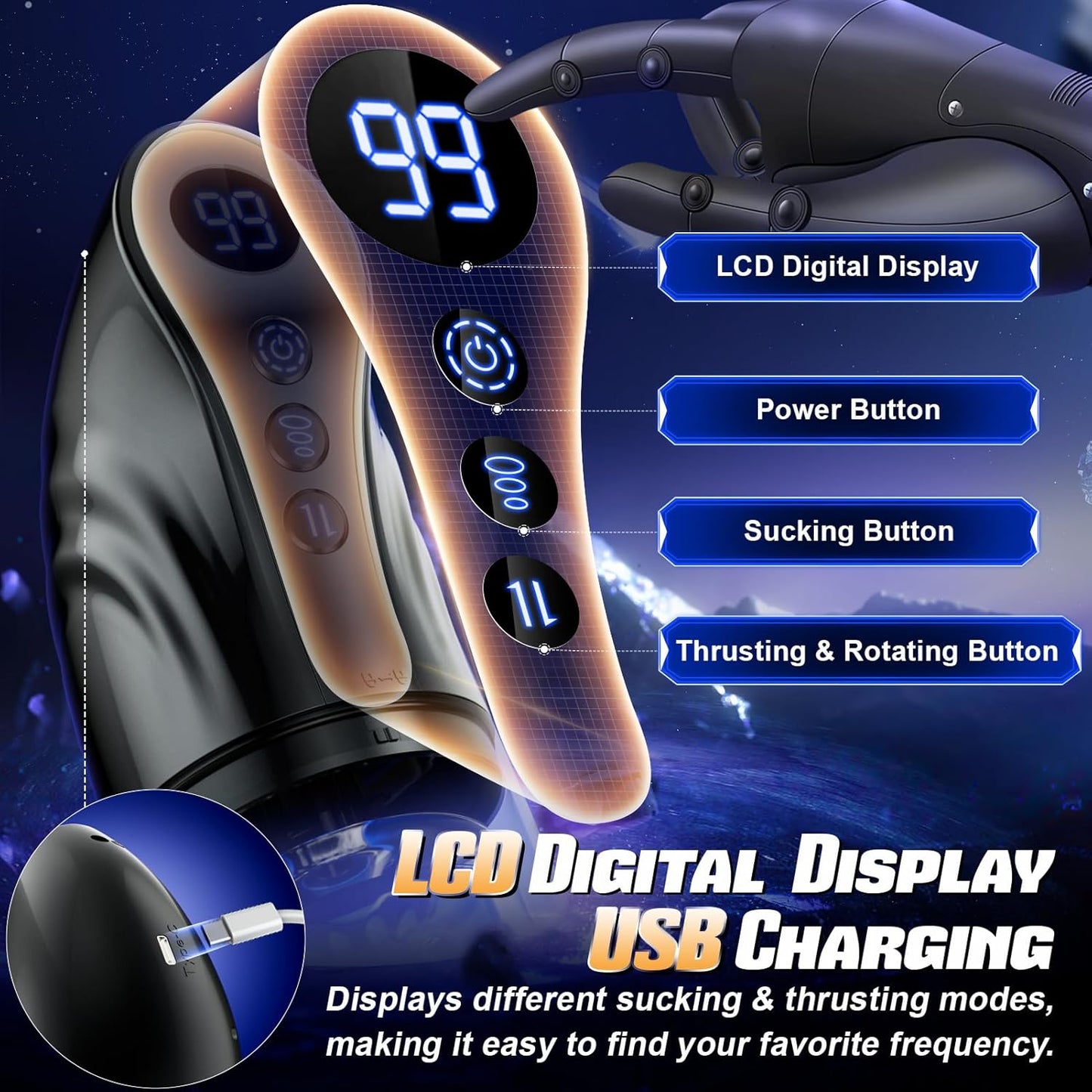 LCD-Display Automatische Masturbator Penispumpe mit 7 Stoß und Rotationsmodi