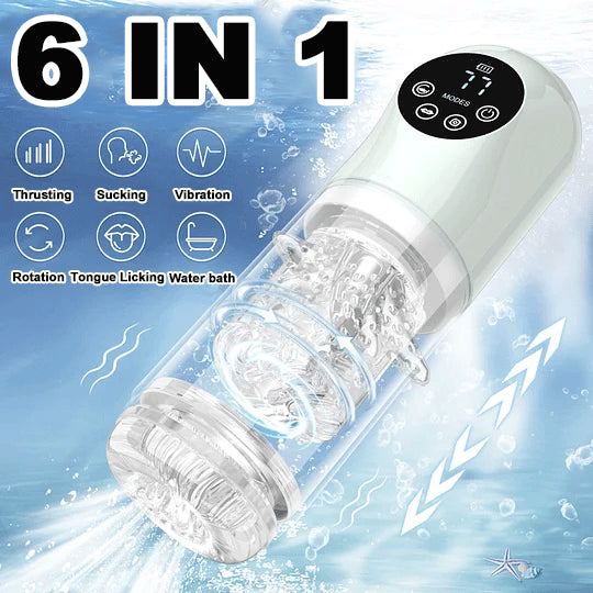 6 IN 1 Automatischer Masturbator Penispumpe mit 7 Saug & Stoß & Dreh & Leckfunktionen
