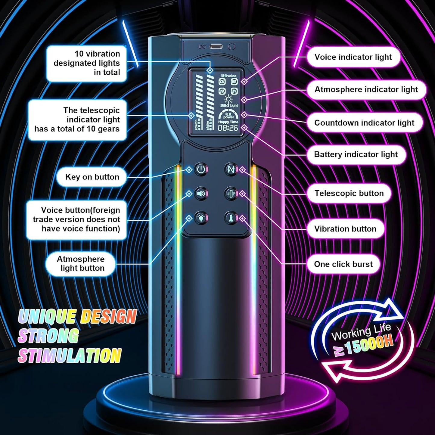 LCD-display 6-in-1 automatische masturbator met 10 stuwkracht- en 10 vibratiemodi 