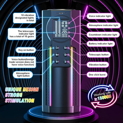 LCD-display 6-in-1 automatische masturbator met 10 stuwkracht- en 10 vibratiemodi 