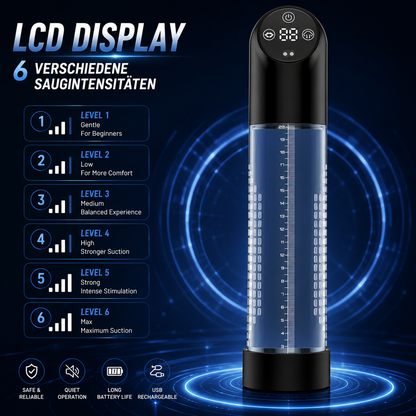 Elektrische penisvacuümpomp met LCD-display en 6 verschillende zuigintensiteiten 